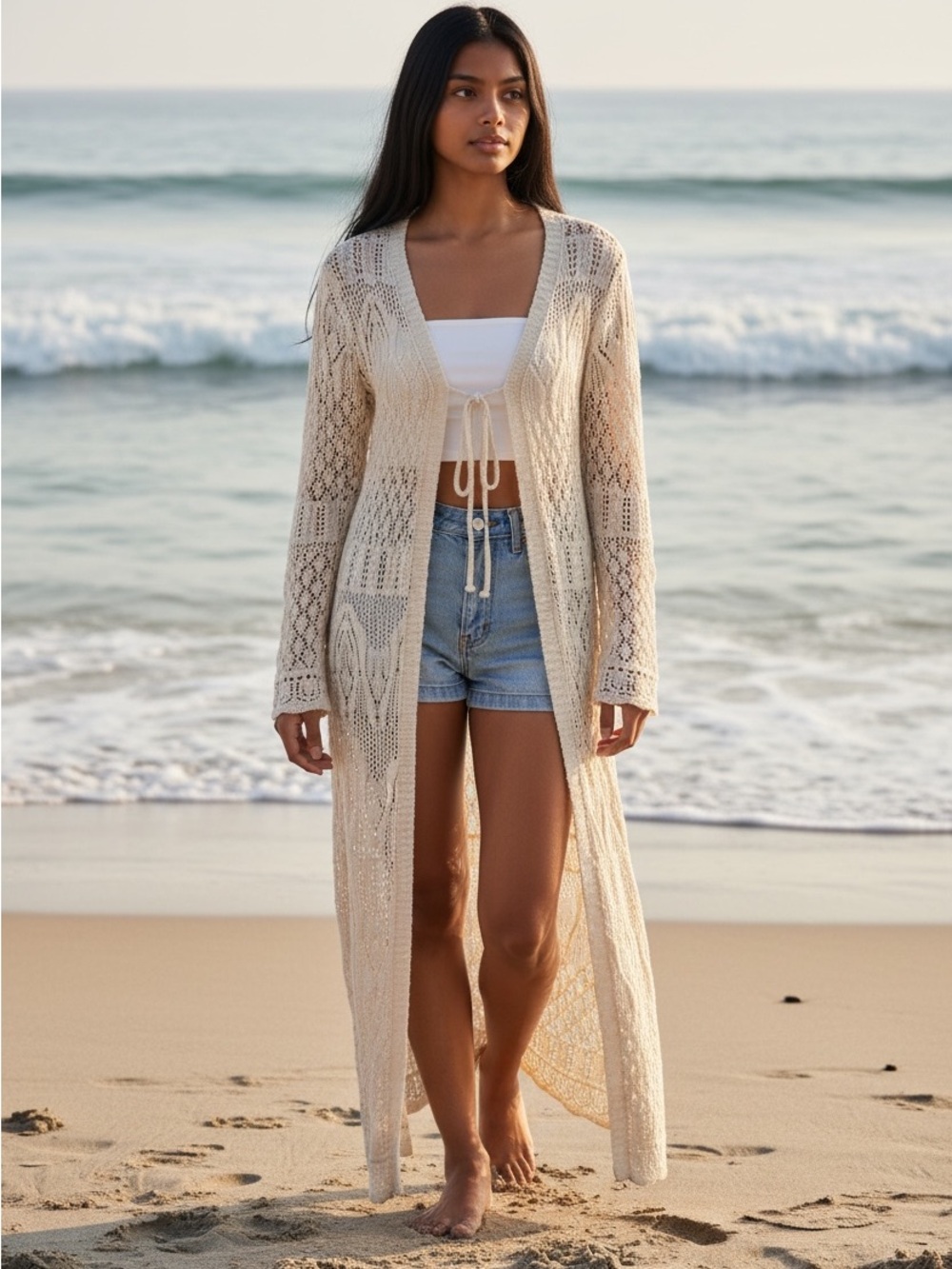 LC Lauren Conrad Long Crochet Tie-Front Duster Cardigan - Cream